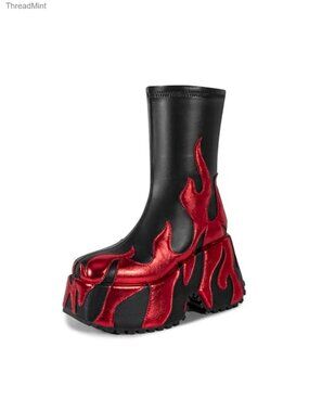 Flame Platform Ankle Boots Goth Punk Side Zip Round Toe Faux Leather